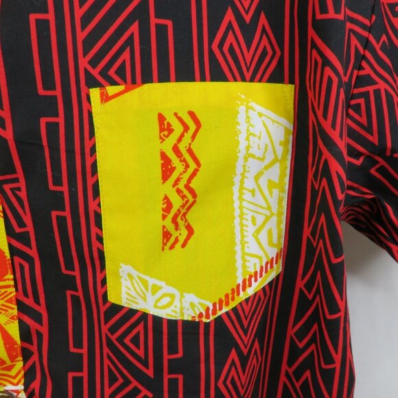 Samoan Aloha Shirt Mens M Red Yellow American Samoa Hand Printed Tribal Tapa - Picture 3 of 12